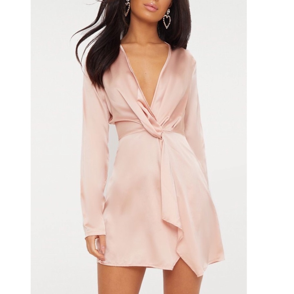 Nude satin long sleeve dress